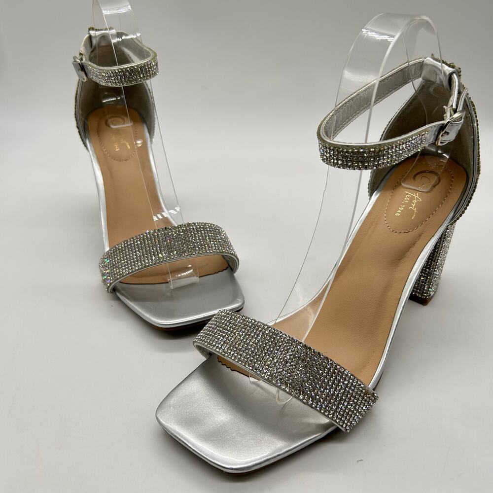 Womens Sandals 8W Wide Silver Rhinestones Open Toe Block‎ Heel C Comfort Brand